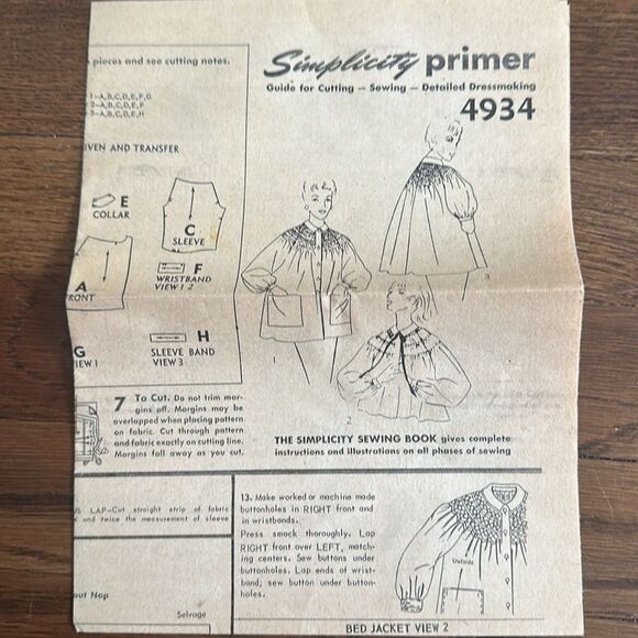 Vintage 1954 Simplicity 4934 Misses & Women’s Smock & Bed Jacket sewing pattern - Picture 4 of 4